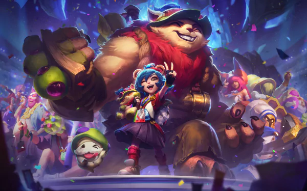 4K Ultra HD League of Legends wallpaper featuring Poro, Annie, and Teemo in a vibrant, action-packed video game scene.