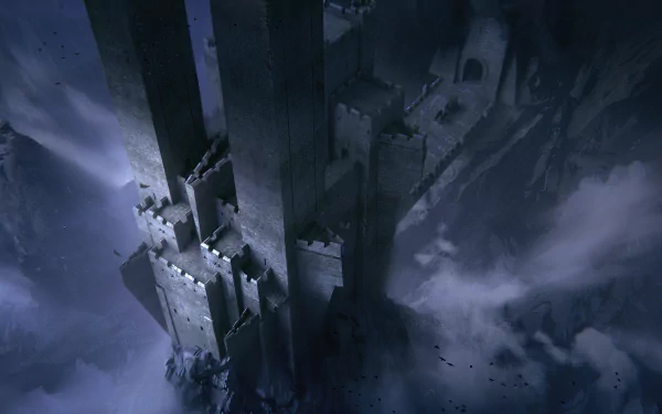 HD desktop wallpaper depicting a dark, medieval fantasy castle shrouded in mist and shadow, creating a mysterious and eerie atmosphere.