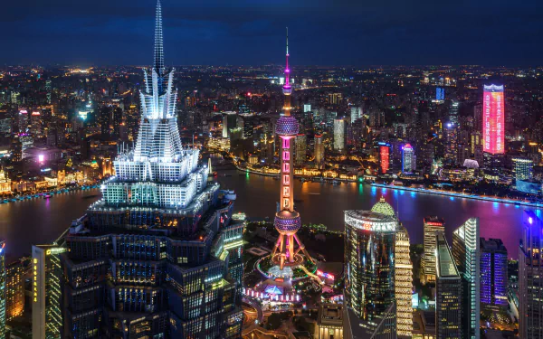 Oriental Pearl Tower Yangtze River skyscraper city night building China man made Shanghai HD Desktop Wallpaper | Background Image