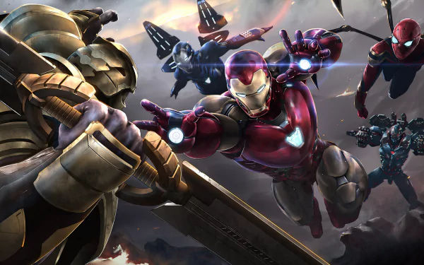 2K Quad HD PC desktop wallpaper: Iron Man, War Machine, Iron‑Spider and Spider‑Man charging at Thanos in an Avengers: Endgame movie battle.