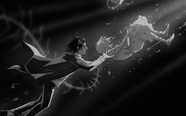 HD anime wallpaper featuring Eren Yeager reaching out to Ymir from Attack on Titan, rendered in dramatic black and white tones for PC desktop background.