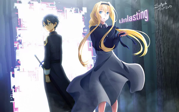 HD desktop wallpaper featuring Kazuto Kirigaya (Kirito) and Alice Zuberg from Sword Art Online: Alicization - War of Underworld. The word Unlasting is prominent in the background.