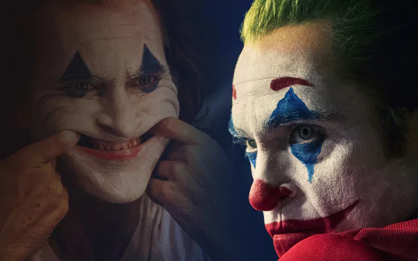4K Ultra HD PC desktop wallpaper of the Joker from the movie — close-up painted face, solemn profile and a second image forcing a twisted smile.