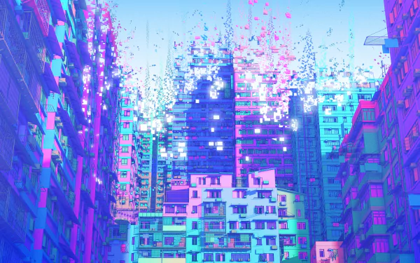 HD PC desktop wallpaper of a Love Death & Robots cityscape: neon cyan and magenta high-rise buildings with pixelated fragments dissolving upward — futuristic urban TV show background.