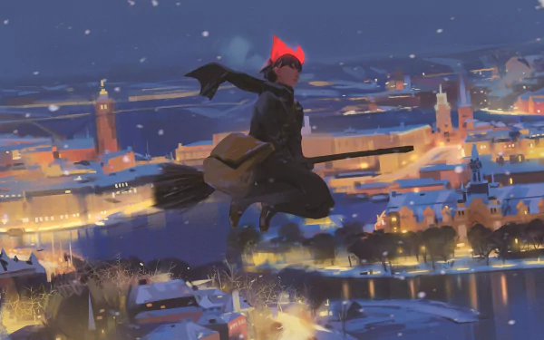 HD anime desktop wallpaper featuring Kiki from Kiki's Delivery Service flying on her broomstick over a softly lit cityscape at dusk.