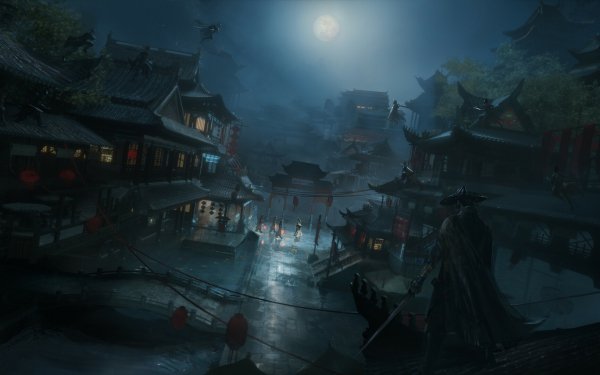 Fantasía Oriental Pagoda Samurái Katana Guerrero Noche Fondo de pantalla HD | Fondo de Escritorio