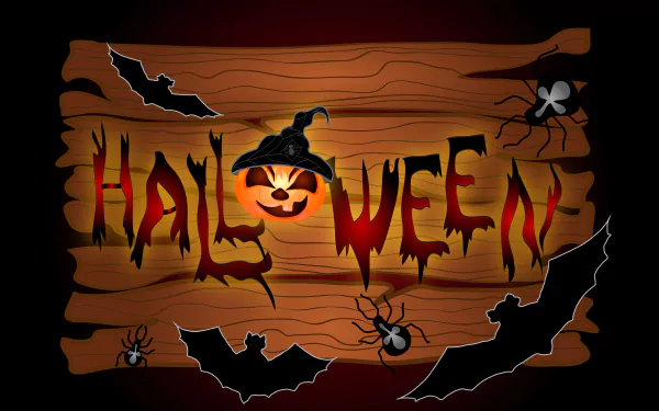 4K Ultra HD Halloween PC desktop wallpaper featuring a wooden sign with a jack-o'-lantern, bats, and spiders creating a spooky holiday atmosphere.