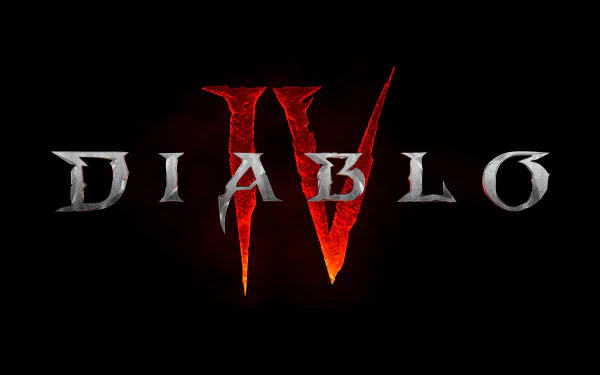 Diablo IV logo in fiery red and gray tones on a black background, designed as an 8K Ultra HD PC desktop wallpaper for the video game.