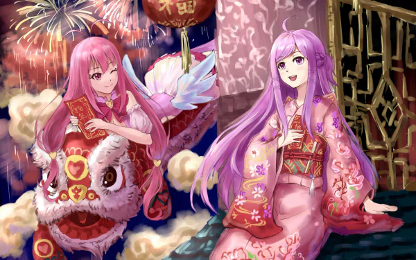 Anime HD PC desktop wallpaper: Xia Zitong and Mei Tata in pink kimonos by fireworks and a lion dance, sharing Cupid's Chocolates in a vibrant, festive background.