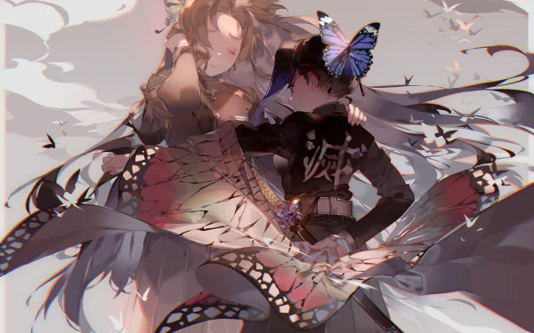 HD desktop wallpaper featuring Kanae Kocho and Shinobu Kochou from the anime Demon Slayer: Kimetsu no Yaiba. The detailed artwork depicts the sisters with butterfly motifs in a soft, ethereal style.