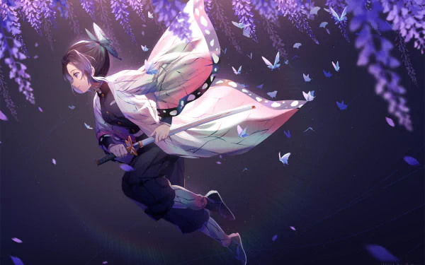 HD desktop wallpaper featuring Shinobu Kochou from Demon Slayer: Kimetsu no Yaiba, with vivid purple blossoms and white butterflies in the background.
