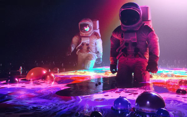Two astronauts in space suits explore a vivid, colorful sci-fi landscape, illuminated by a spectrum of glowing lights. HD wallpaper for desktop background.