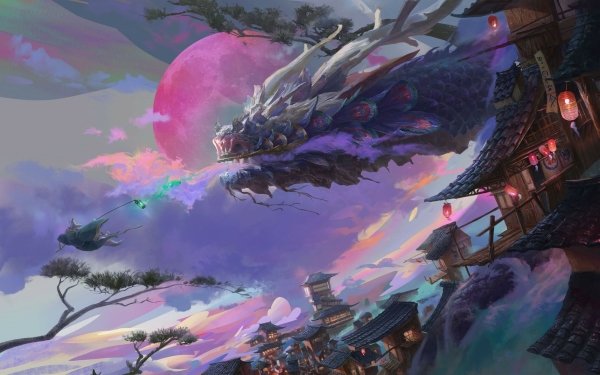 Fantasy Dragon Asian Town Warrior HD Wallpaper | Background Image