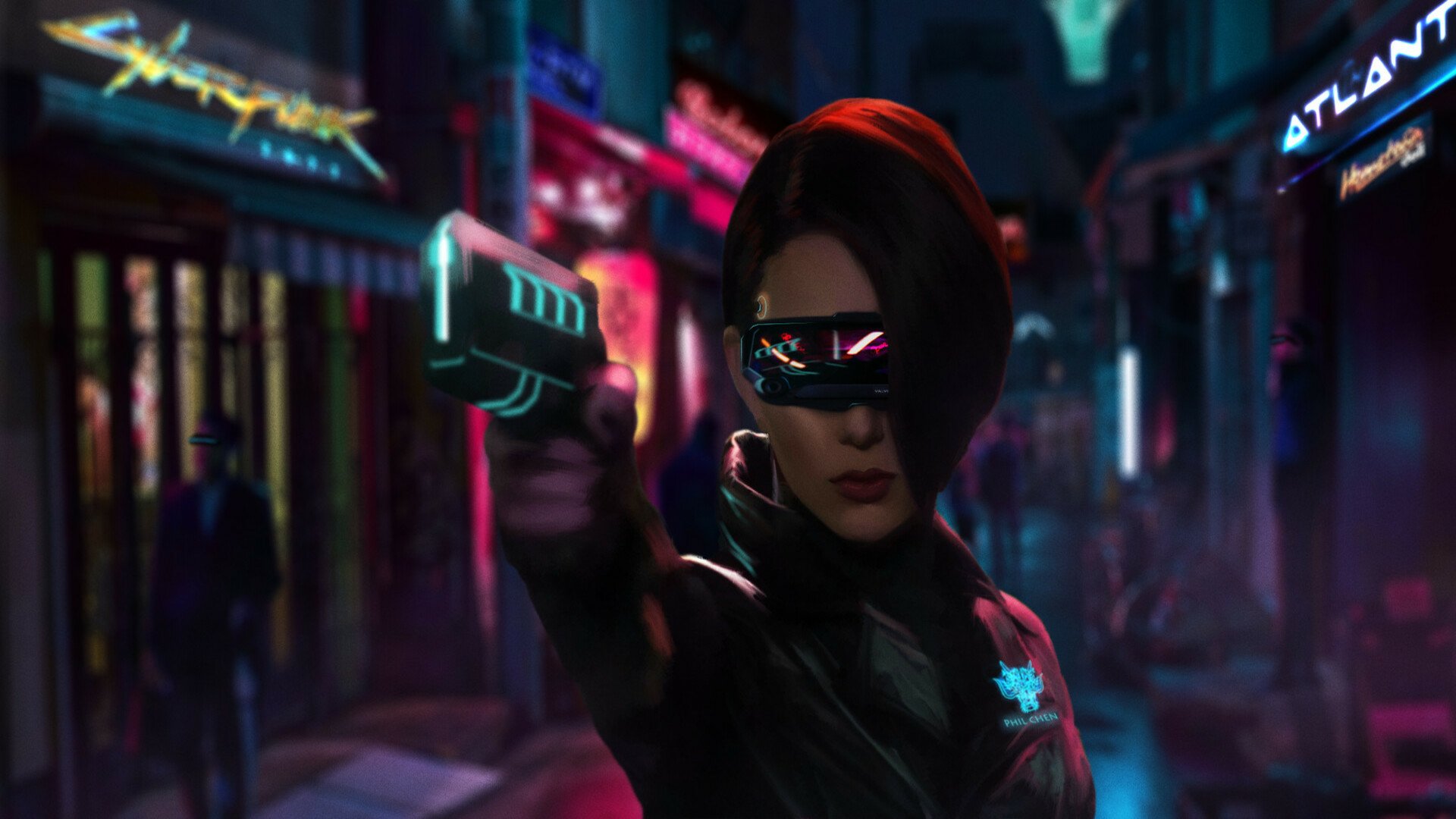 Futuristic sci-fi cyberpunk HD PC desktop wallpaper: cybernetic woman in a visor points a glowing pistol down a neon-soaked alley lined with holographic signs.