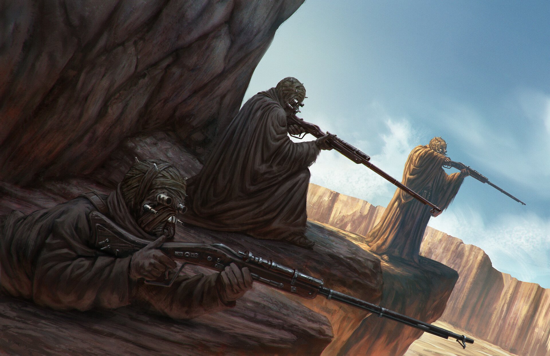 HD Star Wars desktop wallpaper featuring three Tusken Raiders armed and poised in a rocky desert landscape under a bright, clear sky.