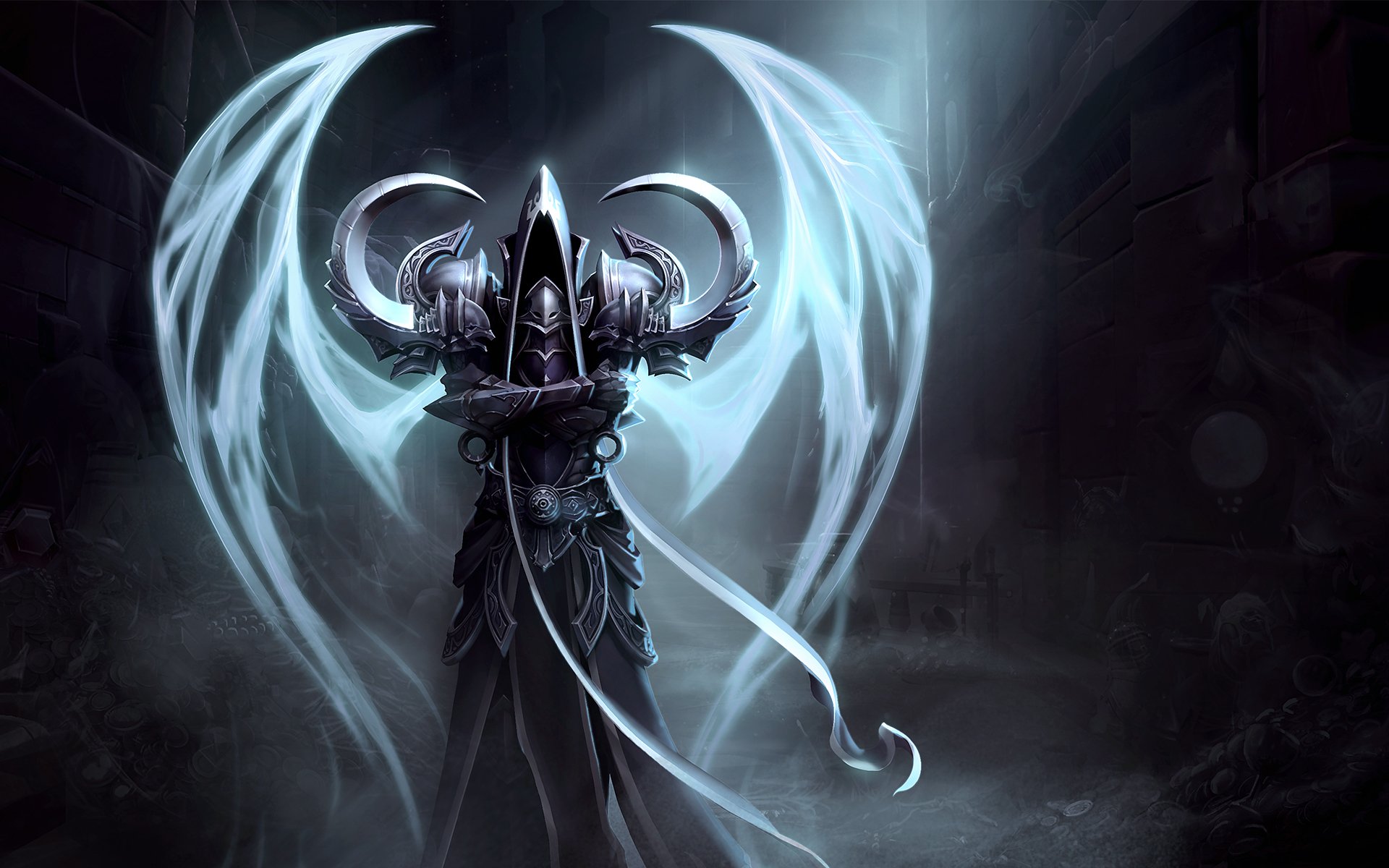 HD PC desktop wallpaper featuring Malthael from Diablo III and Heroes of the Storm, depicted with glowing spectral wings in a dark, ominous setting.
