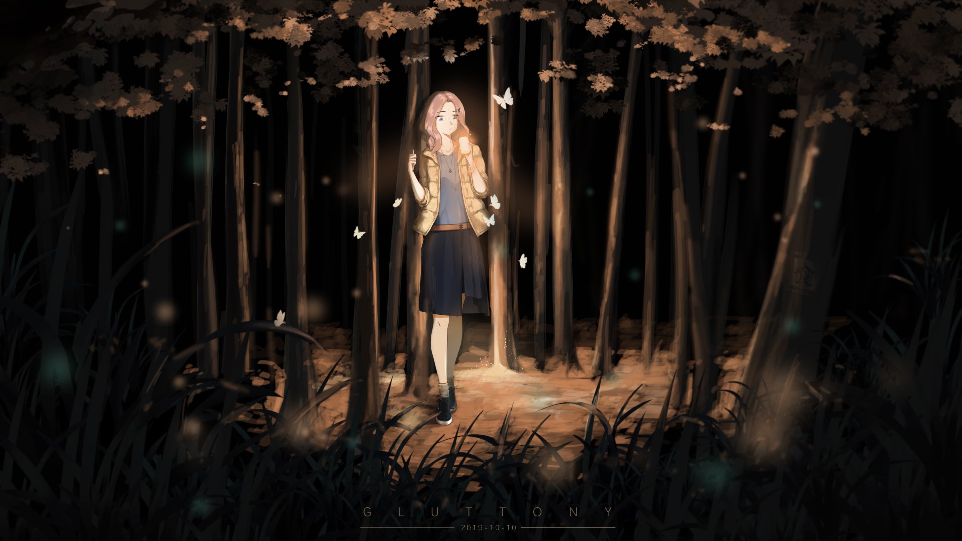 Anime girl with purple eyes stands illuminated in a dark forest, surrounded by tall trees and soft glowing butterflies, captured in 4K Ultra HD for PC desktop wallpaper.