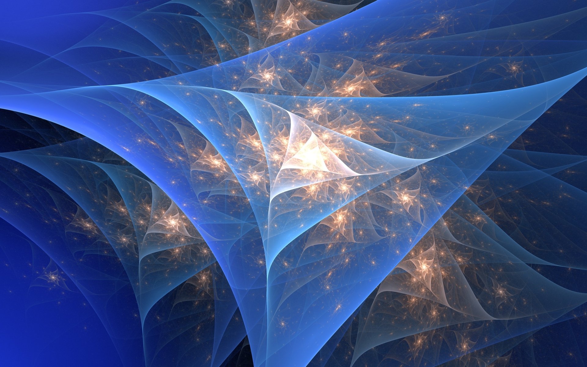 Abstract fractal pattern of translucent blue arcs and glowing star-like clusters — 2K Quad HD PC desktop wallpaper background.