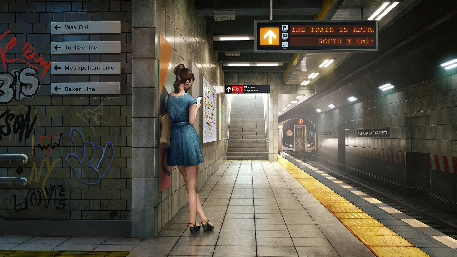 Artistic HD wallpaper of a woman in a blue dress standing in a subway tunnel at a train station, illuminated by platform lights and surrounded by urban graffiti.