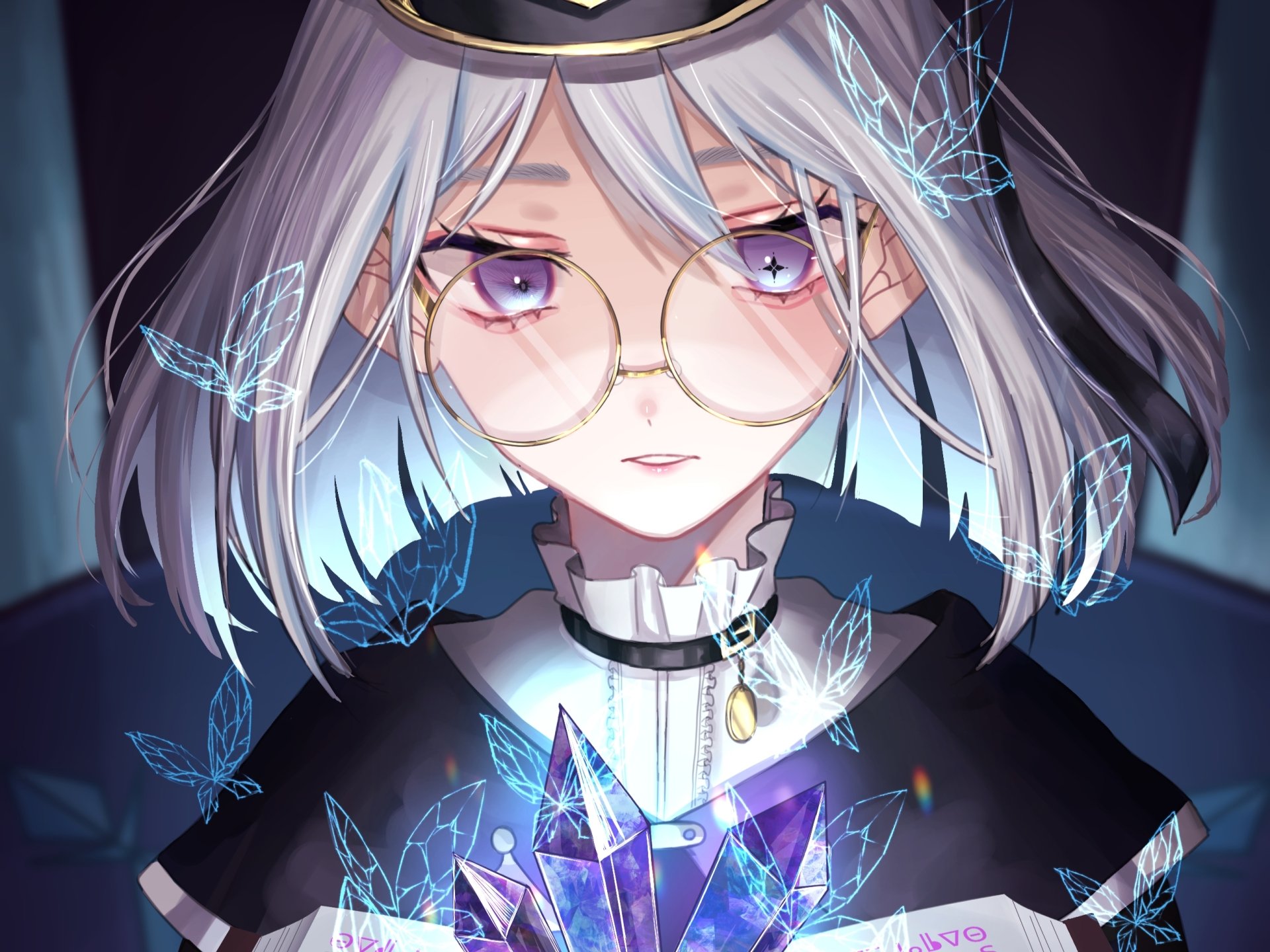 Anime-style HD desktop wallpaper of an original character with grey hair, striking purple eyes, round glasses, and glowing blue butterflies surrounding her.