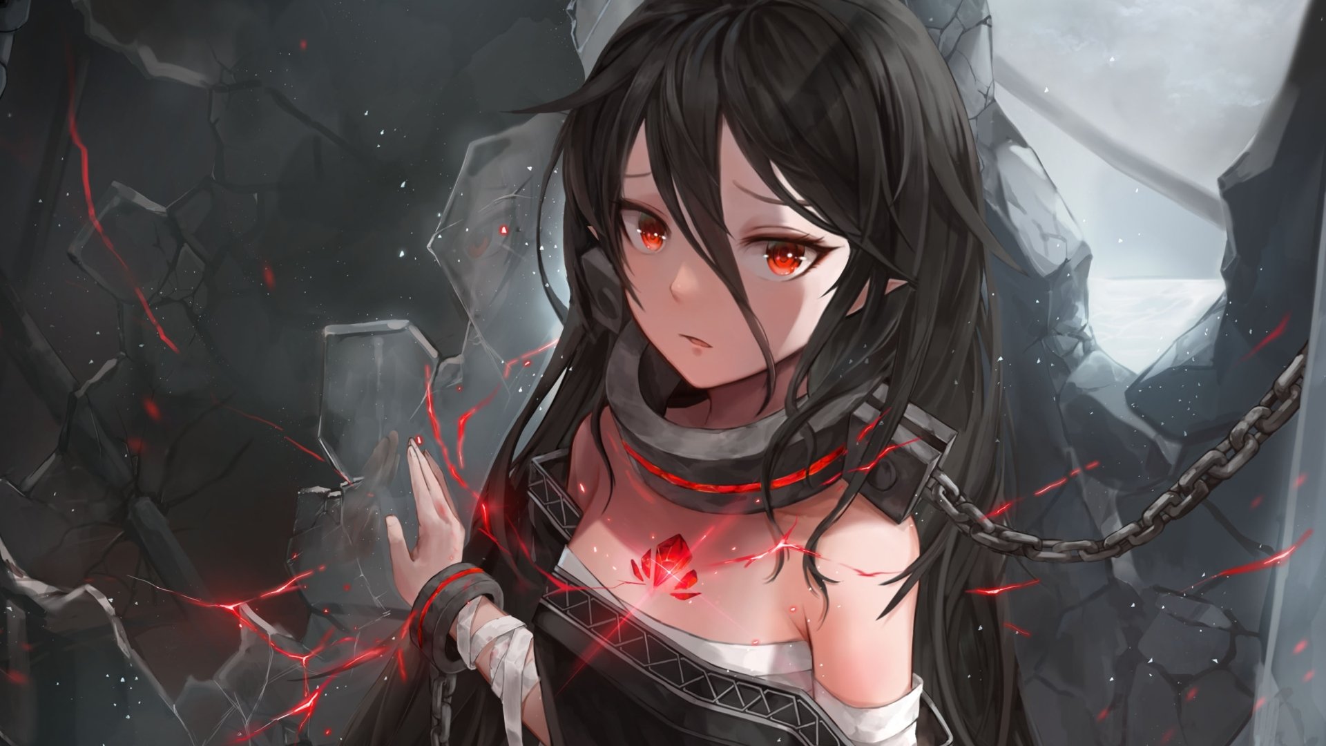 HD desktop wallpaper featuring an original anime character with black hair and striking red eyes, set against a dark, broken background with glowing red highlights.