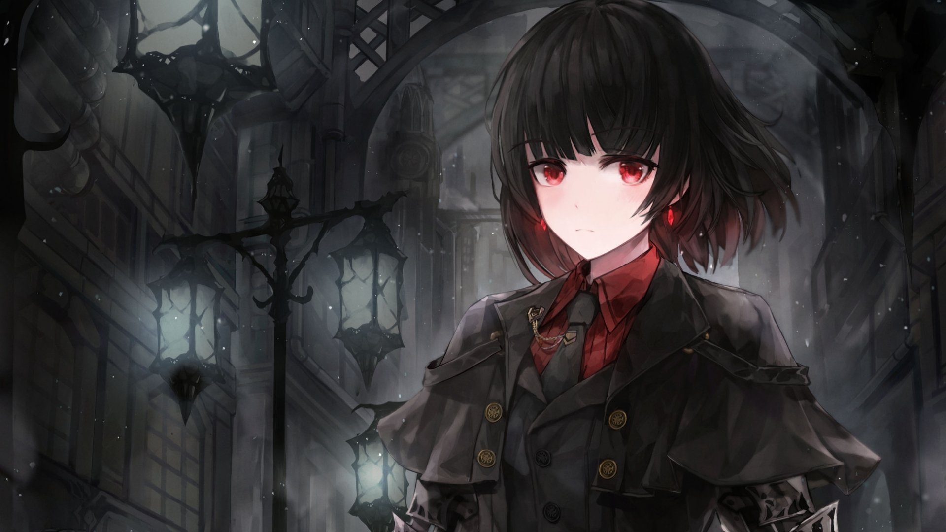 Anime-style HD desktop wallpaper featuring an original character with black hair and striking red eyes, set against a dark, gothic urban background.