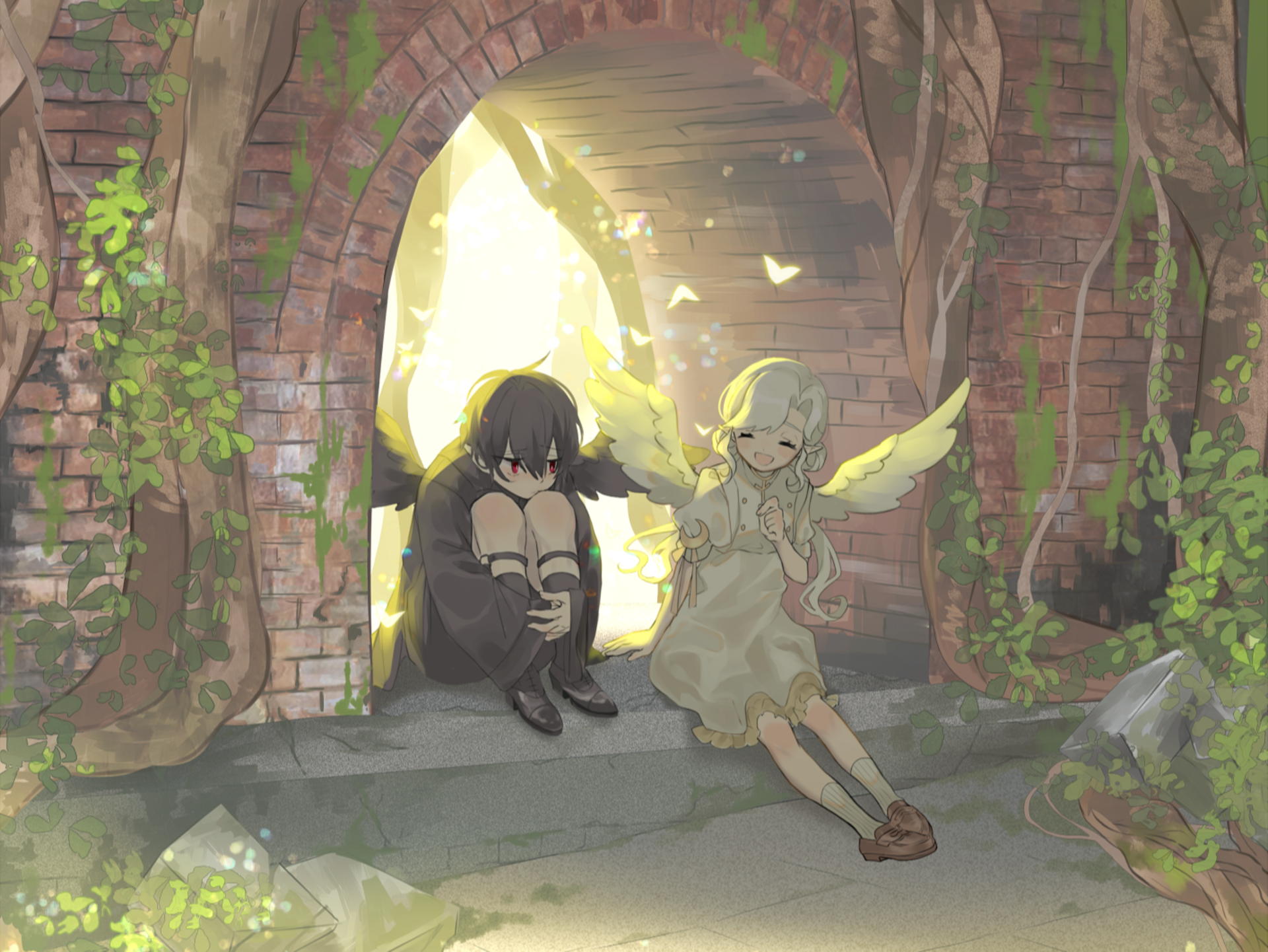 Anime-themed HD desktop wallpaper featuring a serene scene: a girl with angel wings sitting beside a dark figure in a lush, vine-covered archway bathed in soft light.