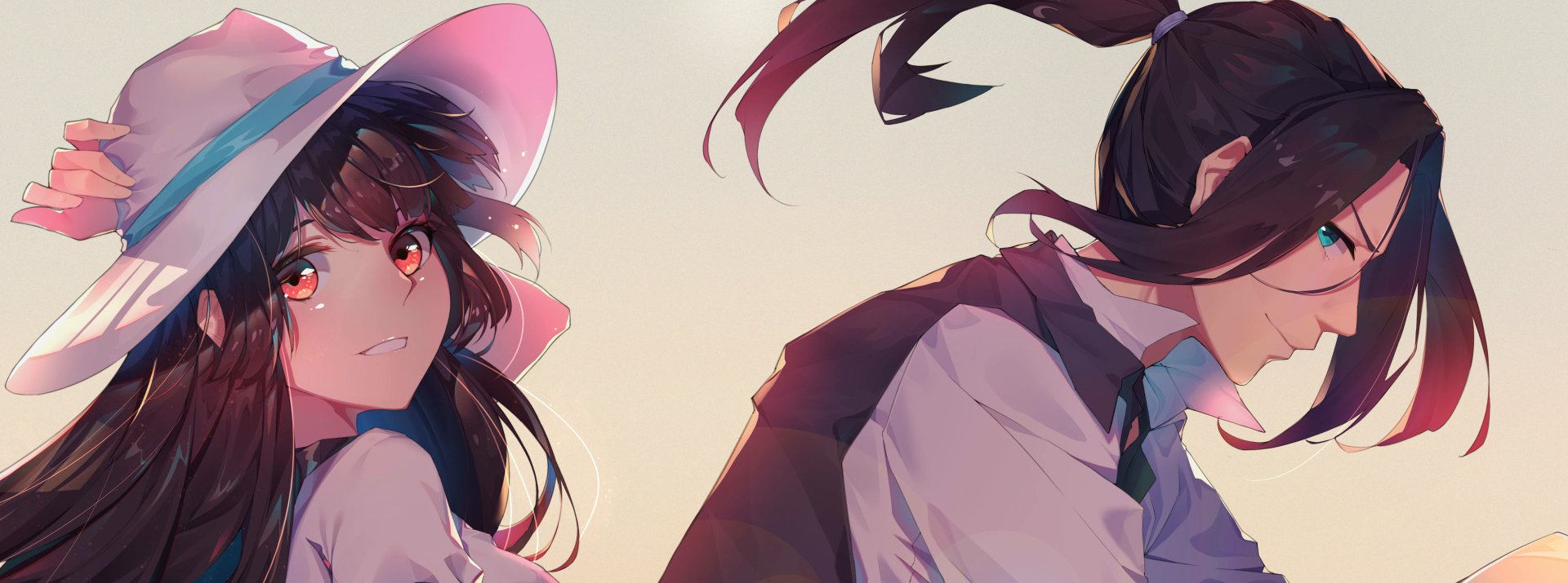 Anime-styled HD desktop wallpaper featuring a character with long hair, a hat, and red eyes alongside another character with blue eyes.
