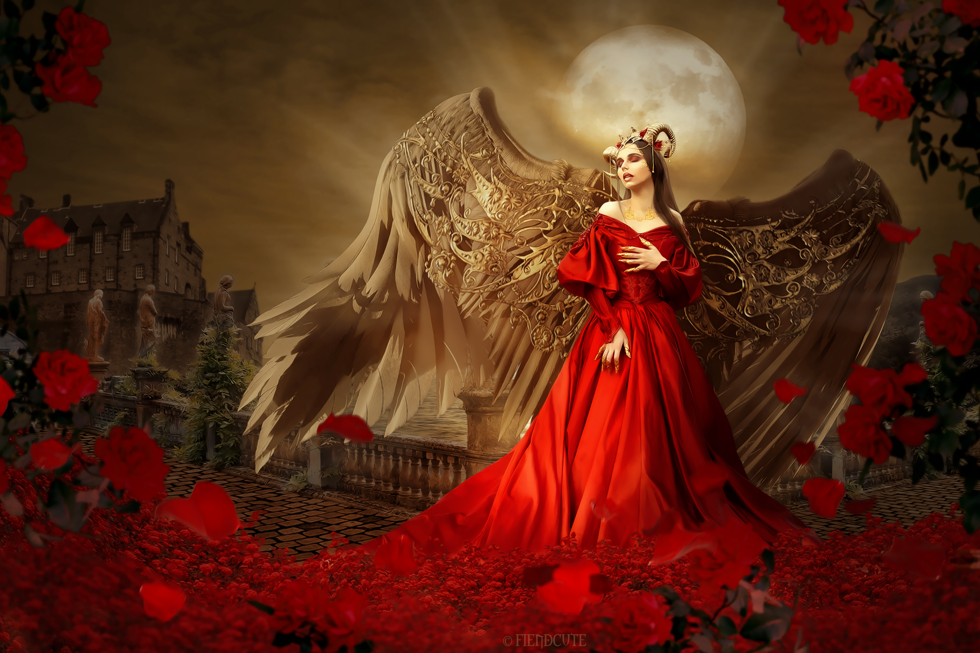 Download Horns Red Dress Fantasy Angel HD Wallpaper by fiendcute