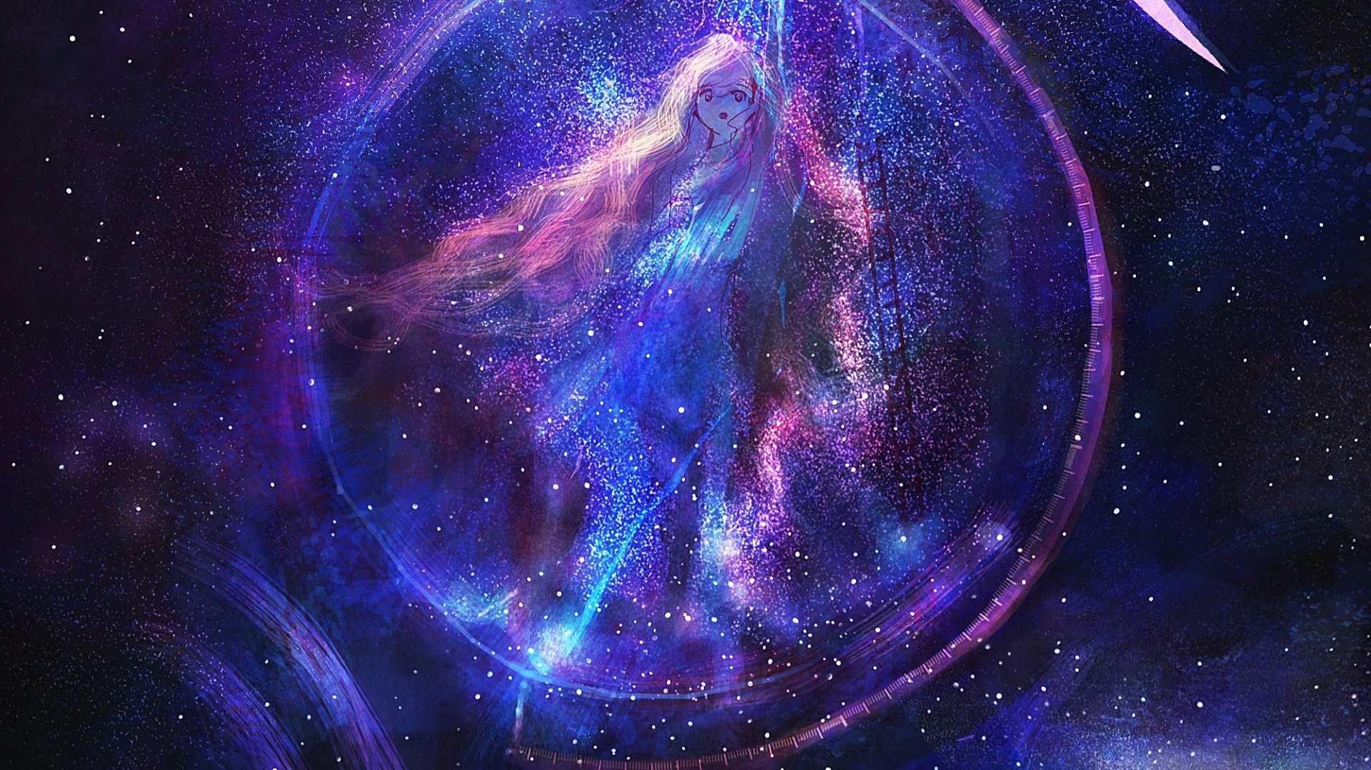 A vibrant fantasy anime character enveloped in swirling cosmic light, set against a glowing starry background, designed as an HD PC desktop wallpaper.