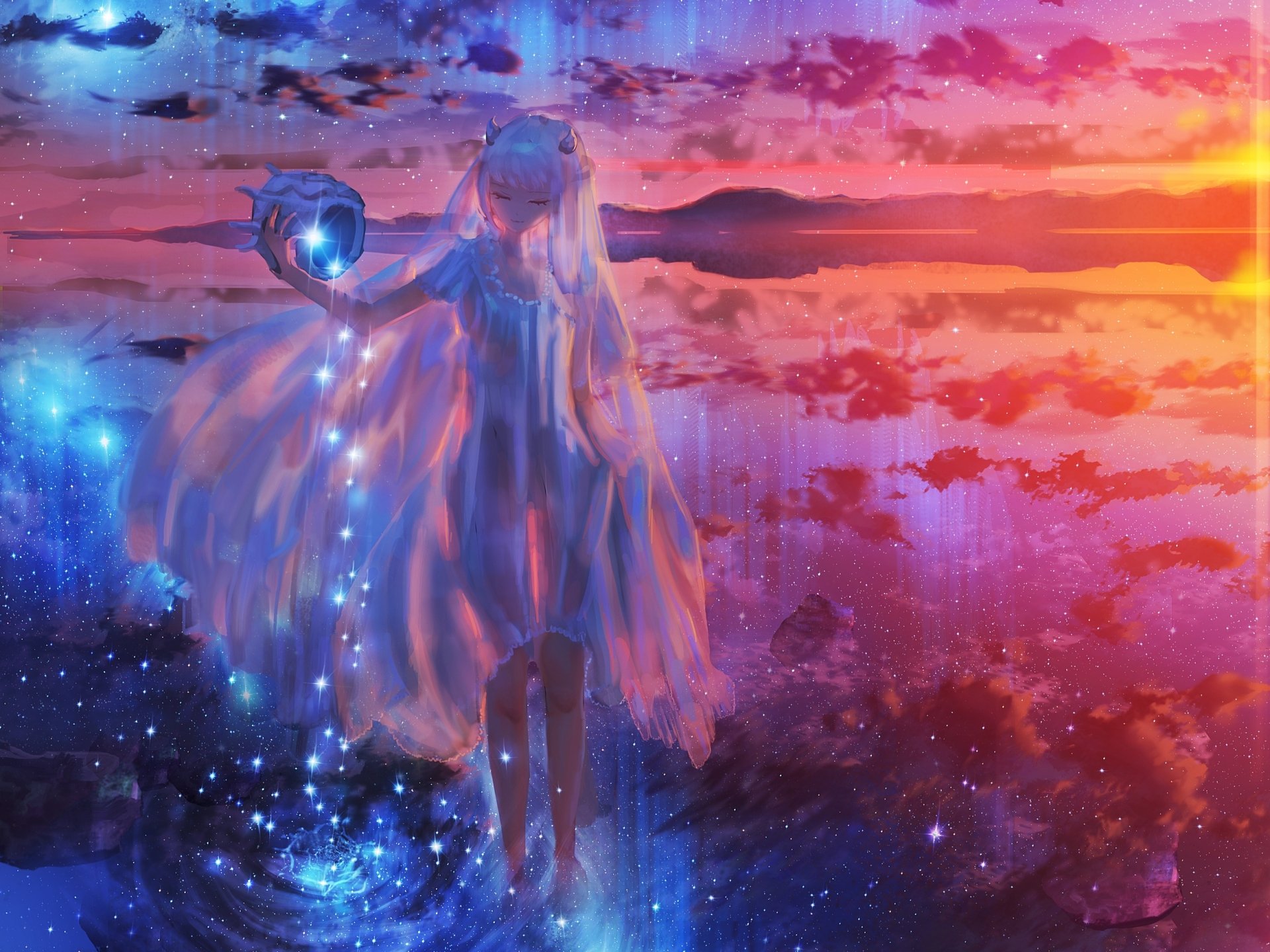 Download Starry Sky Reflection Sunset Anime Original HD Wallpaper by ナコモ