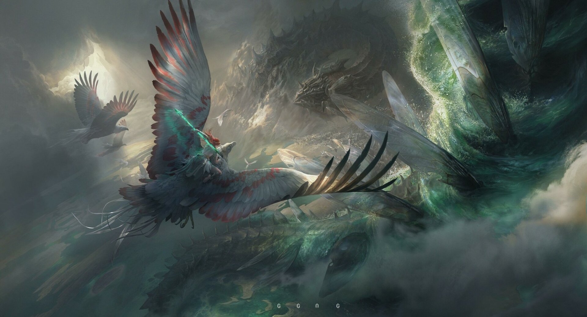 HD PC desktop wallpaper/background: fantasy scene of a bird-like creature and a woman warrior soaring above stormy, crystalline mountains, with dramatic clouds and glowing mist.