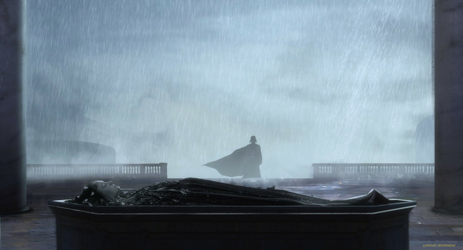 HD Star Wars desktop wallpaper featuring Darth Vader and Padmé Amidala in a rainy, atmospheric sci-fi scene.