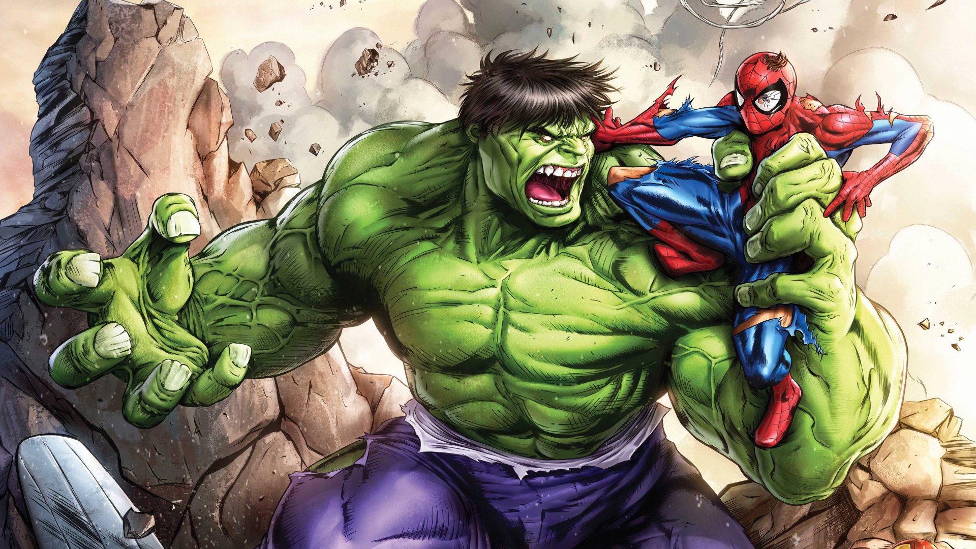 4K Ultra HD Marvel Comics desktop wallpaper featuring Hulk gripping Spider-Man amid rocky debris in dynamic comic style.