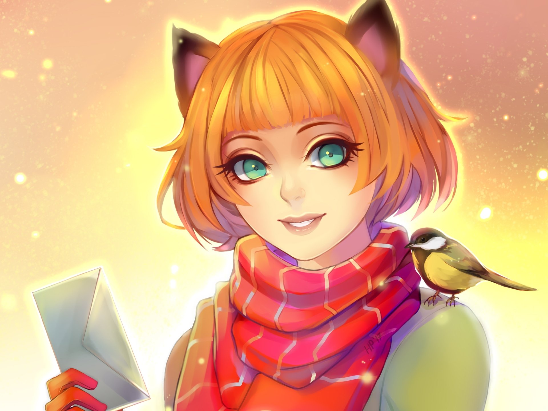 Download Aqua Eyes Animal Ears Letter Bird Orange Hair Anime Original Anime Bird HD Wallpaper by Harumagai