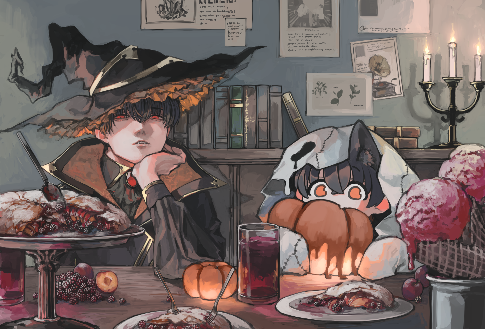 A vampire-themed anime illustration showcasing two characters in an atmospheric setting with desserts, candles, and books, serving as a vibrant 4K Ultra HD desktop wallpaper.