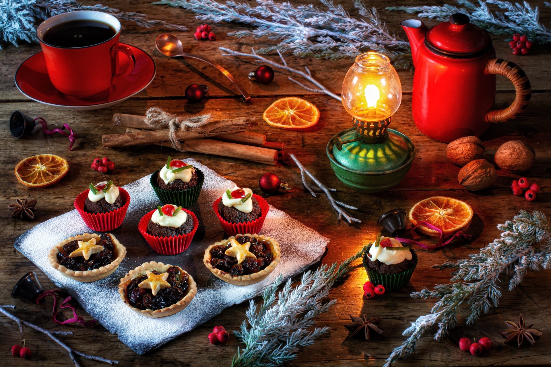 Download Lantern Cupcake Cinnamon Nut Cup Christmas Kettle Tea Photography Still Life 4k Ultra HD Wallpaper