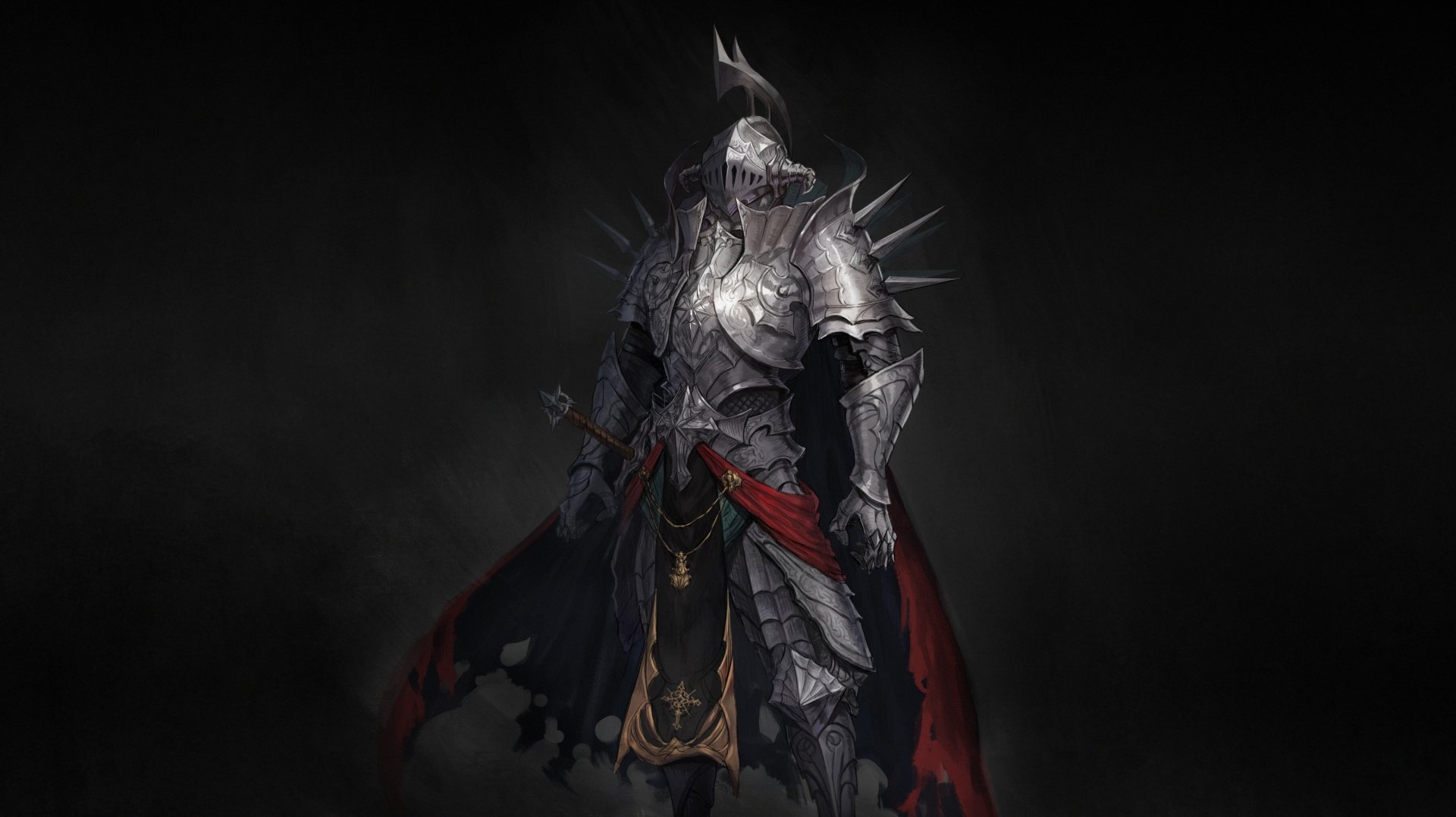 A fantasy warrior knight clad in detailed spiked armor stands against a dark background, creating a striking HD PC desktop wallpaper and background.