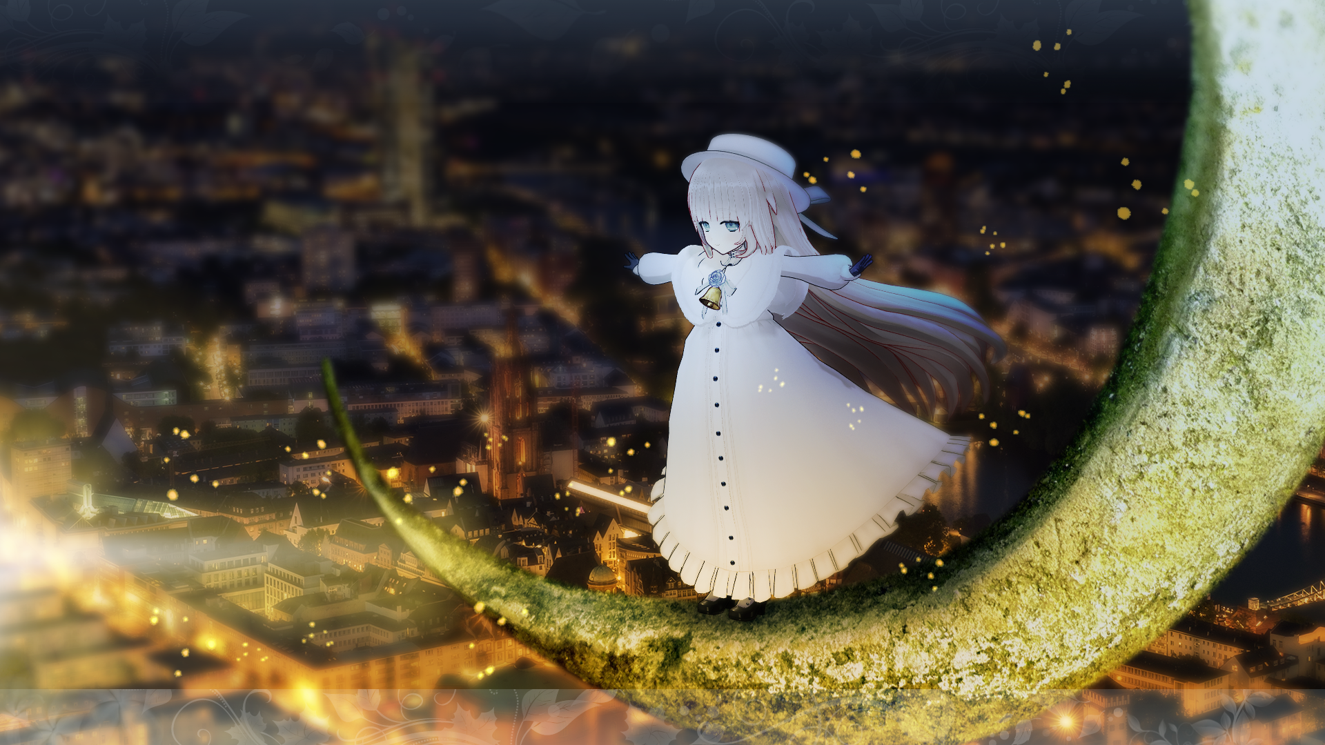 Merry Milk virtual YouTuber in a flowing white dress and beret stands on a mossy crescent moon above a glowing city — anime HD PC desktop wallpaper/background