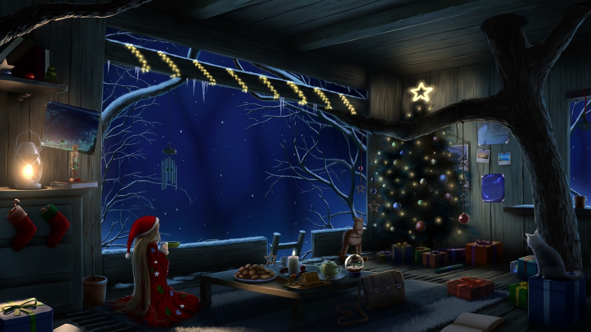 Anime-style Christmas night scene featuring a cozy room with a decorated tree, presents, and festive lights, captured in HD for a PC desktop wallpaper background.