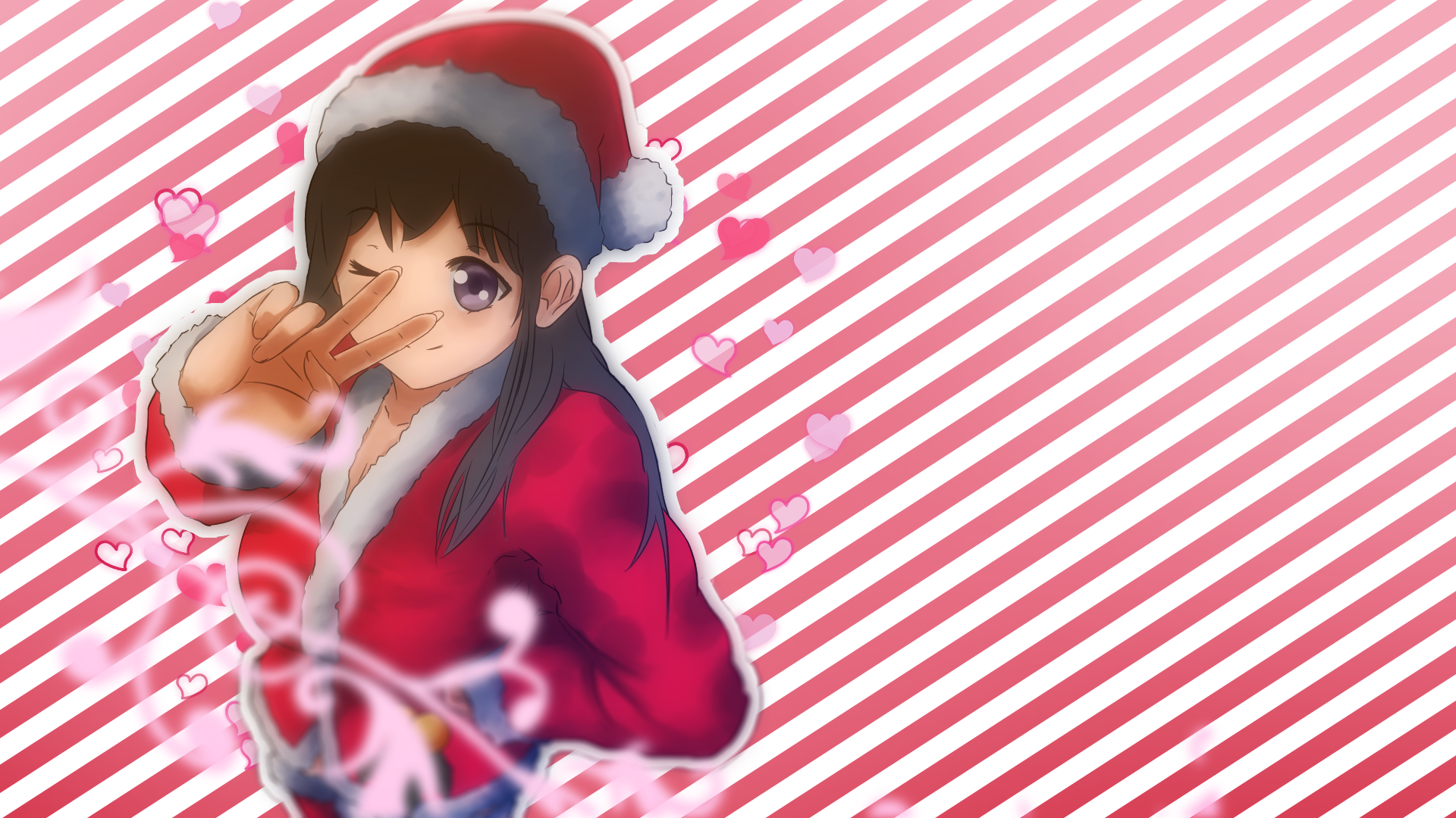 Anime-style Christmas-themed HD PC desktop wallpaper featuring a girl in a Santa hat and red outfit winking and making a peace sign against a pink striped background.