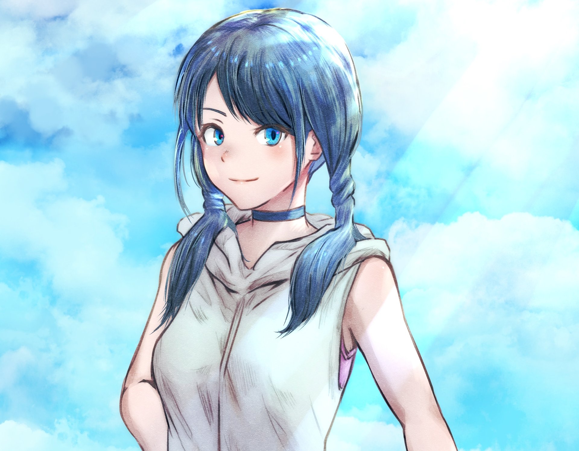 Anime portrait of Hina Amano with blue hair and blue eyes smiling against a bright cloudy sky — 2K Quad HD PC desktop wallpaper/background.
