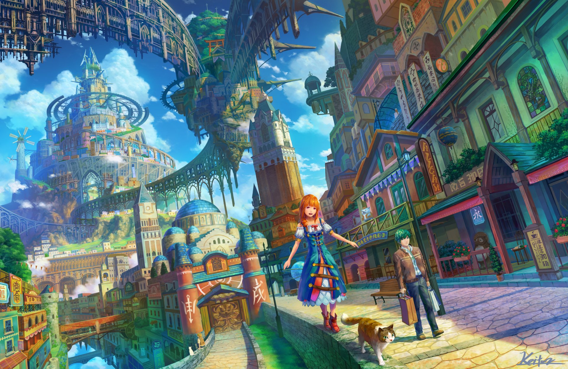 A vibrant anime scene featuring a colorful town, with a girl in a striking outfit walking alongside a cat, set against a fantastical backdrop of towering structures.