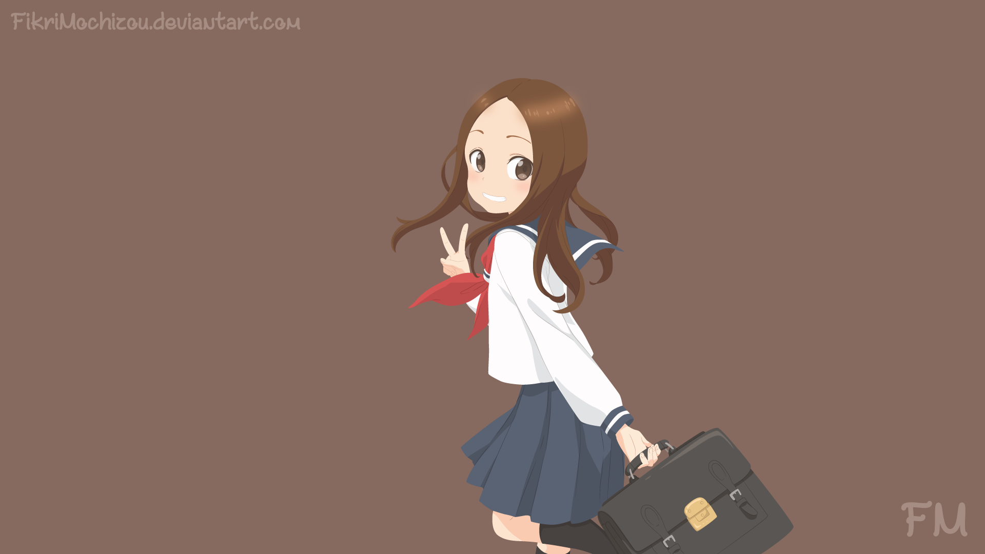 Anime wallpaper of Takagi from Teasing Master Takagi-san, depicted in 4K Ultra HD holding a school bag and smiling against a plain brown background.