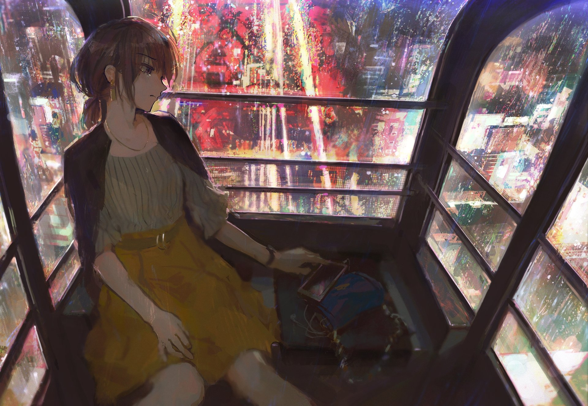 Anime-style 4K Ultra HD wallpaper of a girl sitting inside a Ferris wheel cabin at night, surrounded by vibrant city lights and reflections.