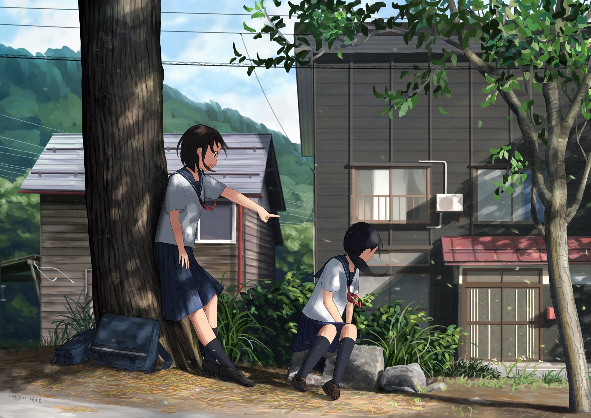 Anime-style HD desktop wallpaper featuring two girls in school uniforms outdoors near houses and greenery, capturing a calm, original scene with detailed backgrounds.