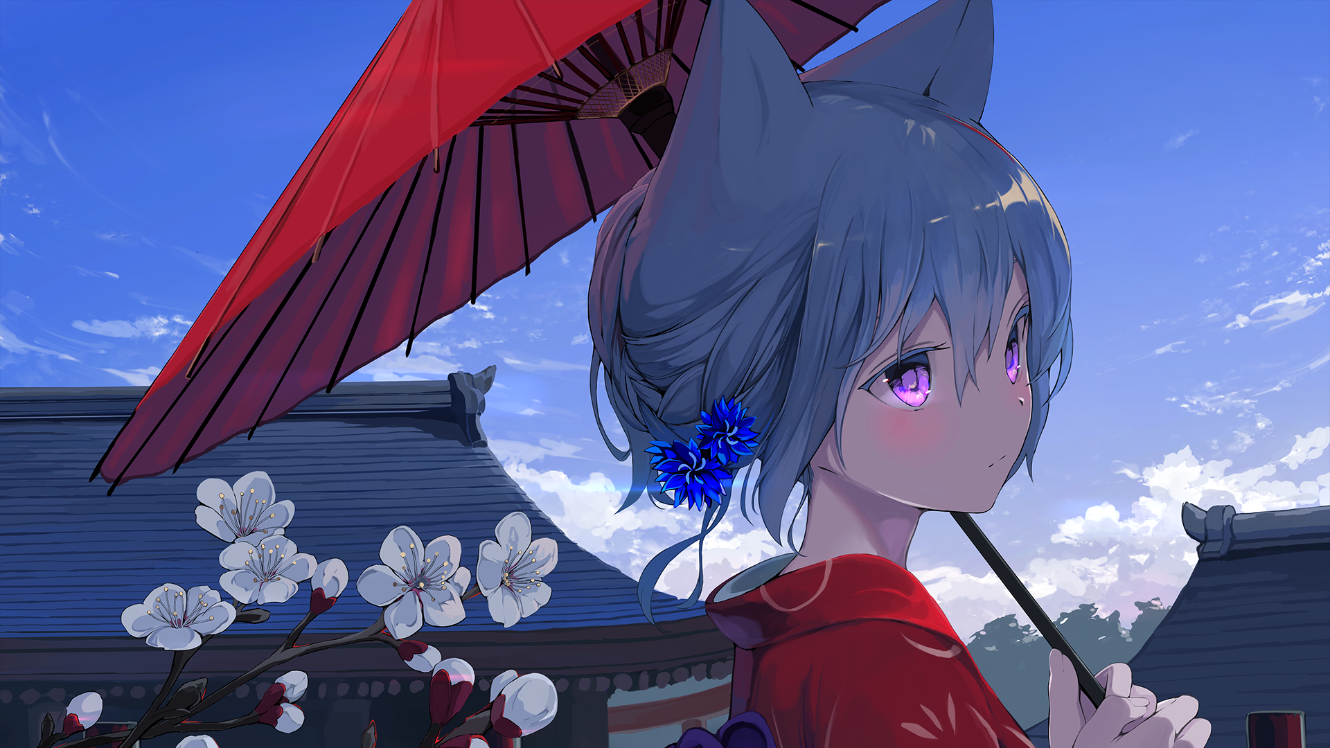 Anime-style HD desktop wallpaper featuring a blue-haired character with purple eyes and animal ears. They hold a red umbrella and stand near blooming flowers against a backdrop of rooftops and a blue sky.