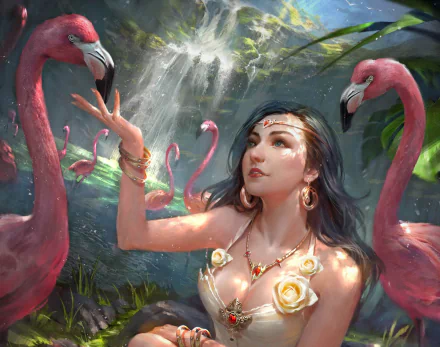 HD PC wallpaper: Woman with blue eyes, jeweled necklace and earrings in a lush marsh, surrounded by pink flamingo birds — fantasy scene from the video game Legend Of The Cryptids.