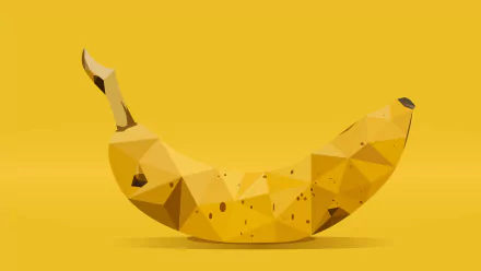 Low-poly yellow banana on a solid yellow background — stylized food design, 8K Ultra HD PC desktop wallpaper and background.