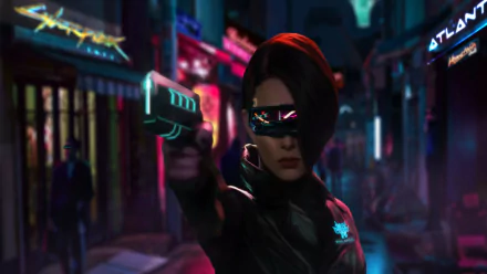 Futuristic sci-fi cyberpunk HD PC desktop wallpaper: cybernetic woman in a visor points a glowing pistol down a neon-soaked alley lined with holographic signs.